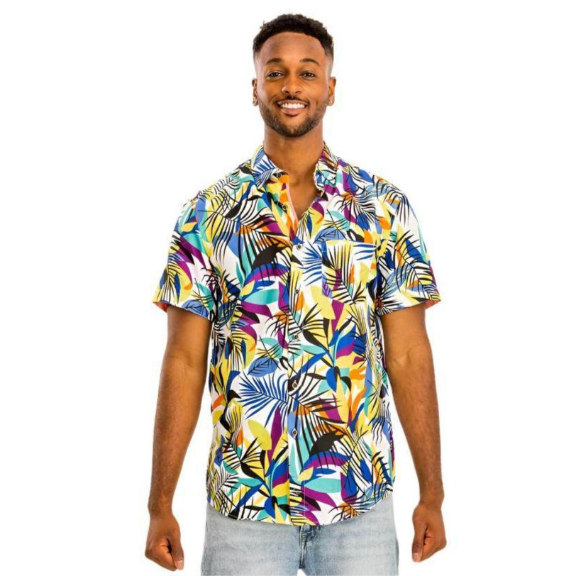 Colorful Floral Hawaiian Shirt for Men with Tropical Leaf Patterns, Perfect for Summer Outings