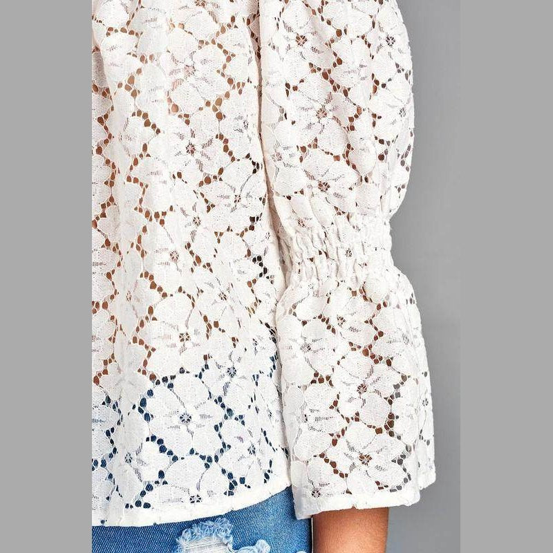 Ivory Felix floral lace blouse for vacation featuring puffed sleeves and intricate lace design