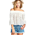 Ivory Felix Off-Shoulder Floral Lace Blouse for Vacation with Bell Sleeves and Lightweight Fabric