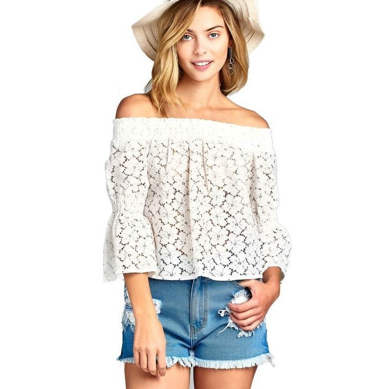 Ivory Felix Off-Shoulder Floral Lace Blouse for Vacation with Bell Sleeves and Lightweight Fabric