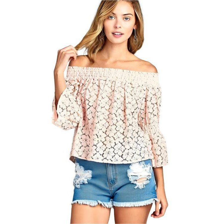 Ivory Felix floral lace blouse for vacation with off-shoulder design and bell sleeves