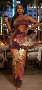 Women's floral print strapless burgundy and maxi dress for evening events