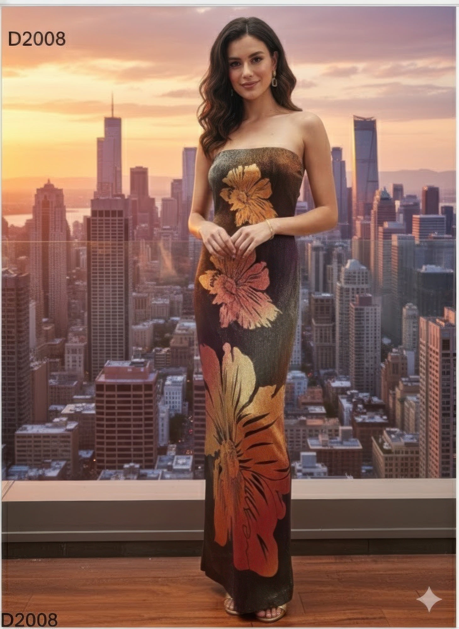 Strapless floral maxi dress, lightweight fabric, perfect for summer events