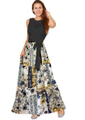EG fashion floral patchwork summer plus size maxi dress with black sleeveless top and colorful skirt