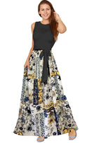 EG fashion floral patchwork summer plus size maxi dress with black sleeveless top and colorful skirt