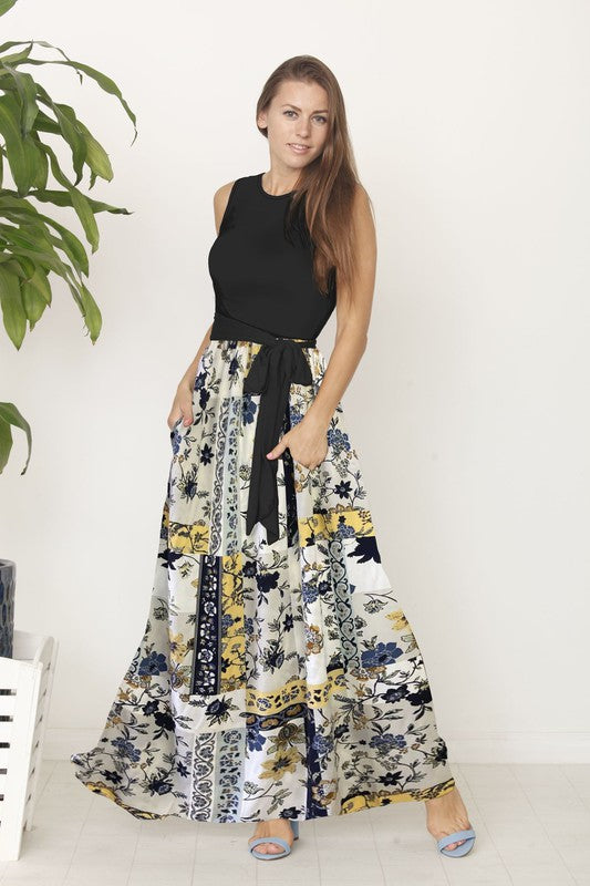 EG fashion floral patchwork summer plus size maxi dress with sleeveless black top and flowy skirt