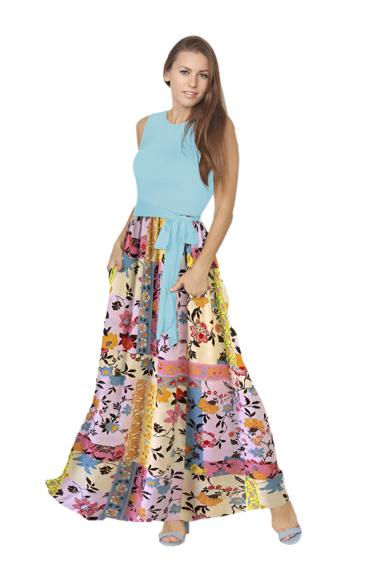 EG fashion floral patchwork summer plus size maxi dress with sleeveless blue top and colorful skirt