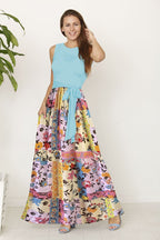 EG fashion floral patchwork summer plus size maxi dress with sleeveless blue top and colorful floral skirt