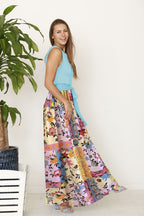 EG fashion floral patchwork summer plus size maxi dress in colorful print with sleeveless blue top