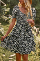 VacationGrabs Floral Print A Line Dress with Ruffled Hem and Short Puff Sleeves
