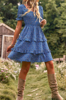 VacationGrabs Floral Print A Line Dress in Blue with Tiered Skirt for Summer Outings