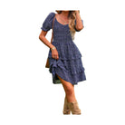 Casual floral print a line dress with puff sleeves and a layered design for summer outings