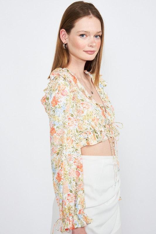 Women's Shirts - Cropped Tops Floral Print Ruffled Crop Top