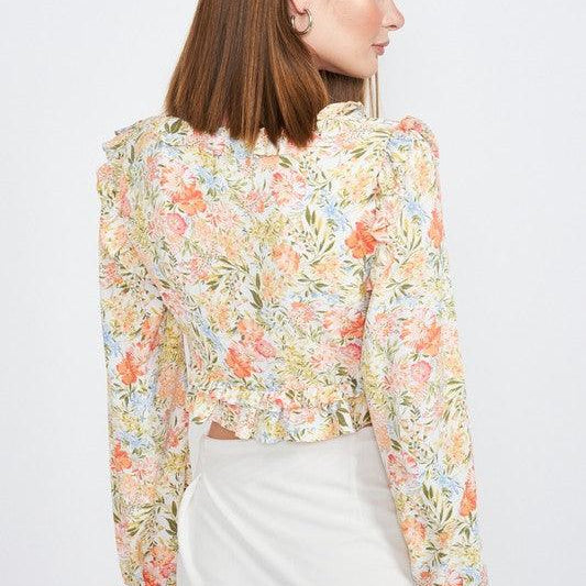 Women's Shirts - Cropped Tops Floral Print Ruffled Crop Top