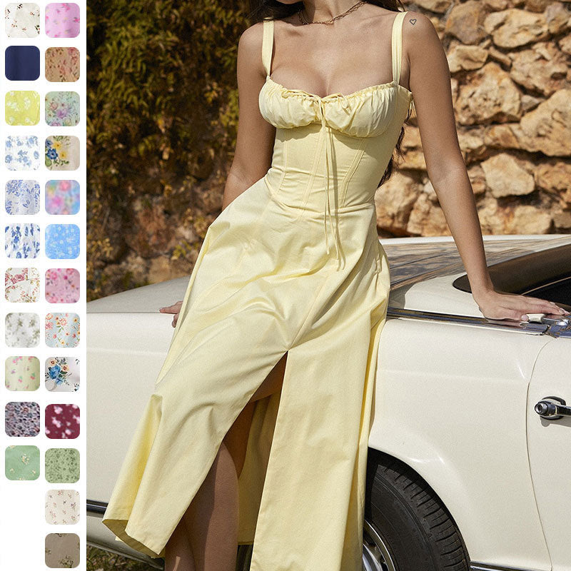 SHOMICOBOUTIQUE floral square neck spring dress in yellow with a stylish slit and fitted bodice