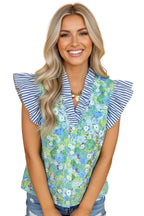 Floral Stripe Patchwork Flutter Sleeve V-Neck Blouse