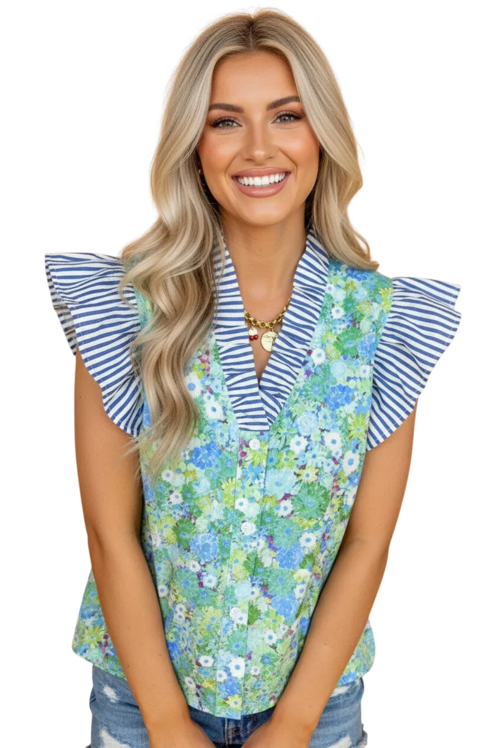 Floral Stripe Patchwork Flutter Sleeve V-Neck Blouse