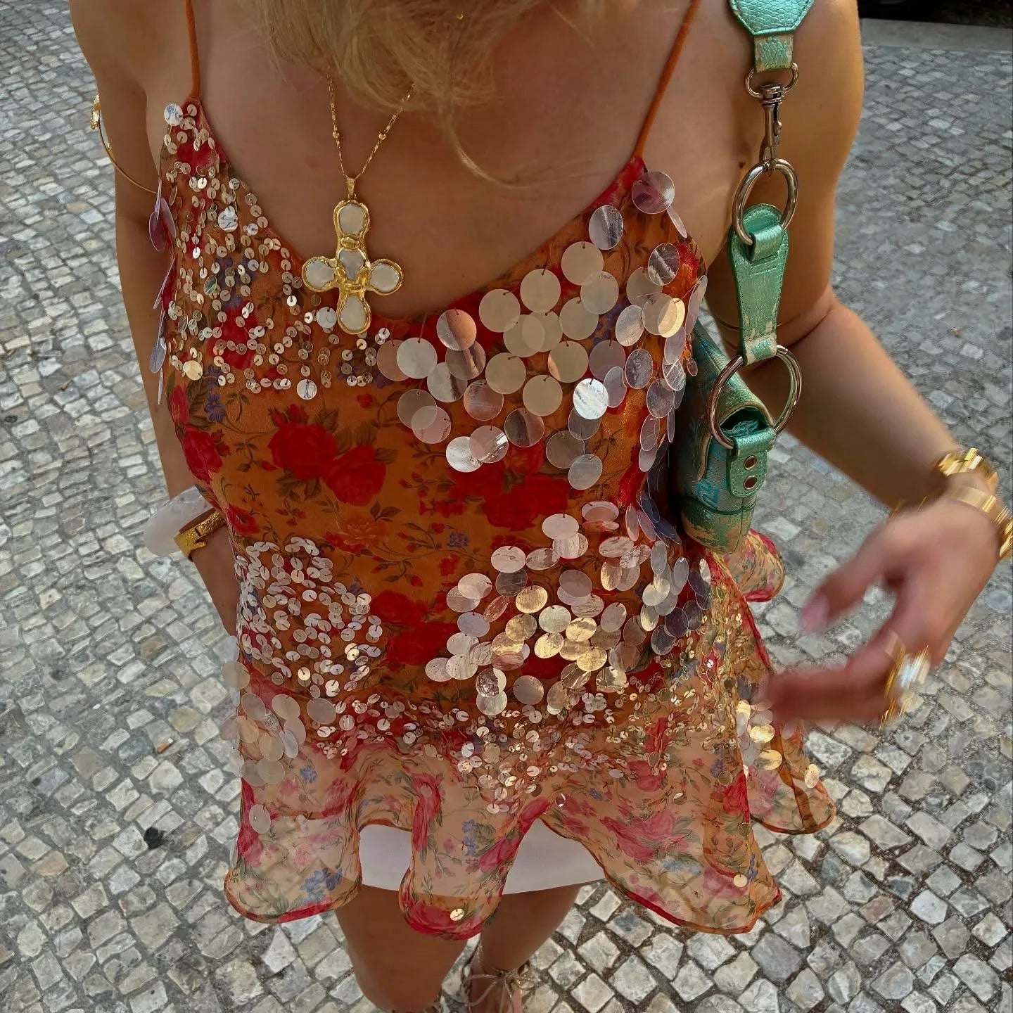 Floral vintage tank top in orange with sequined detailing for summer outings