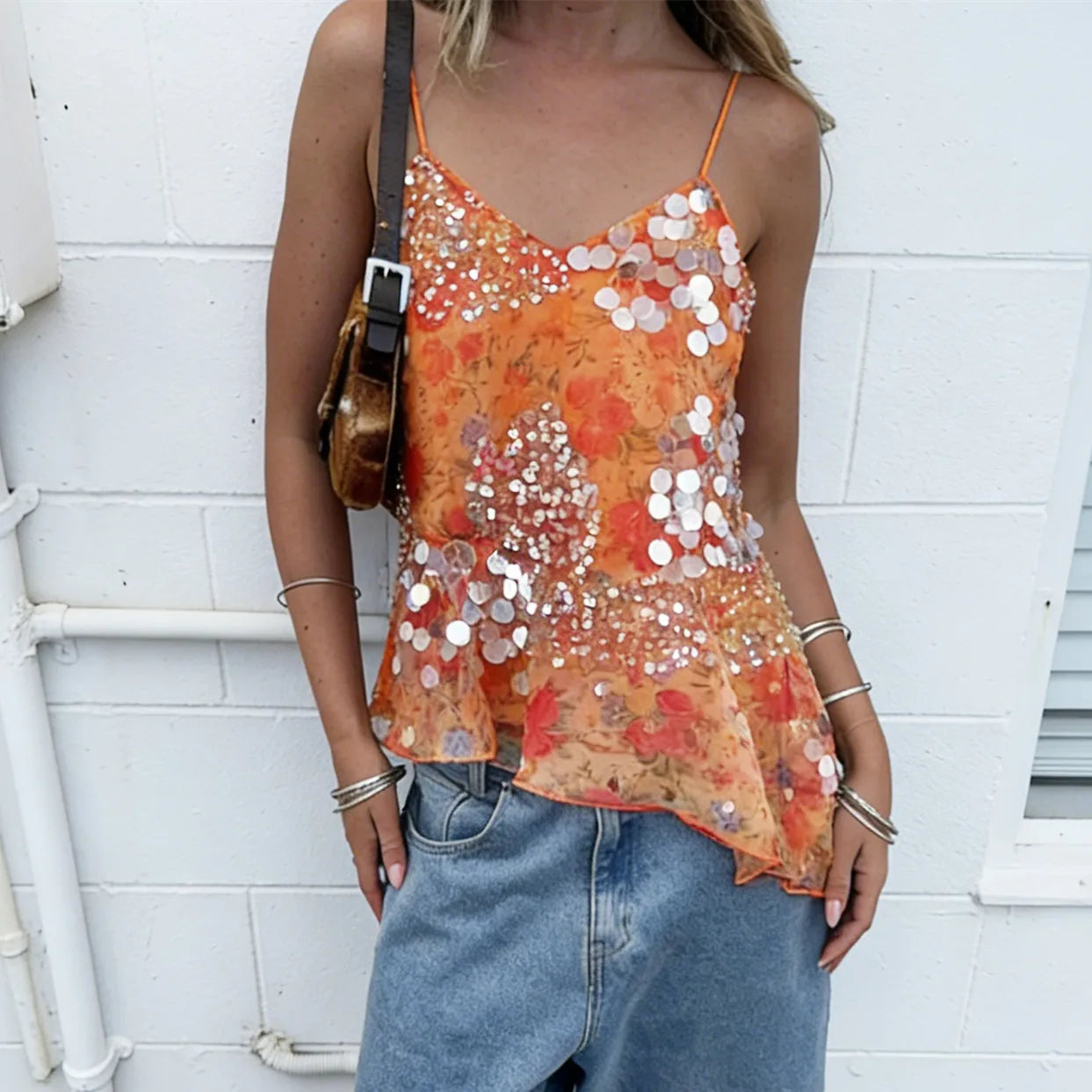 Floral vintage tank top in orange for casual summer outings