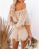 Beige flounce bell sleeve summer romper by VacationGrabs with off-shoulder design and layered ruffle sleeves