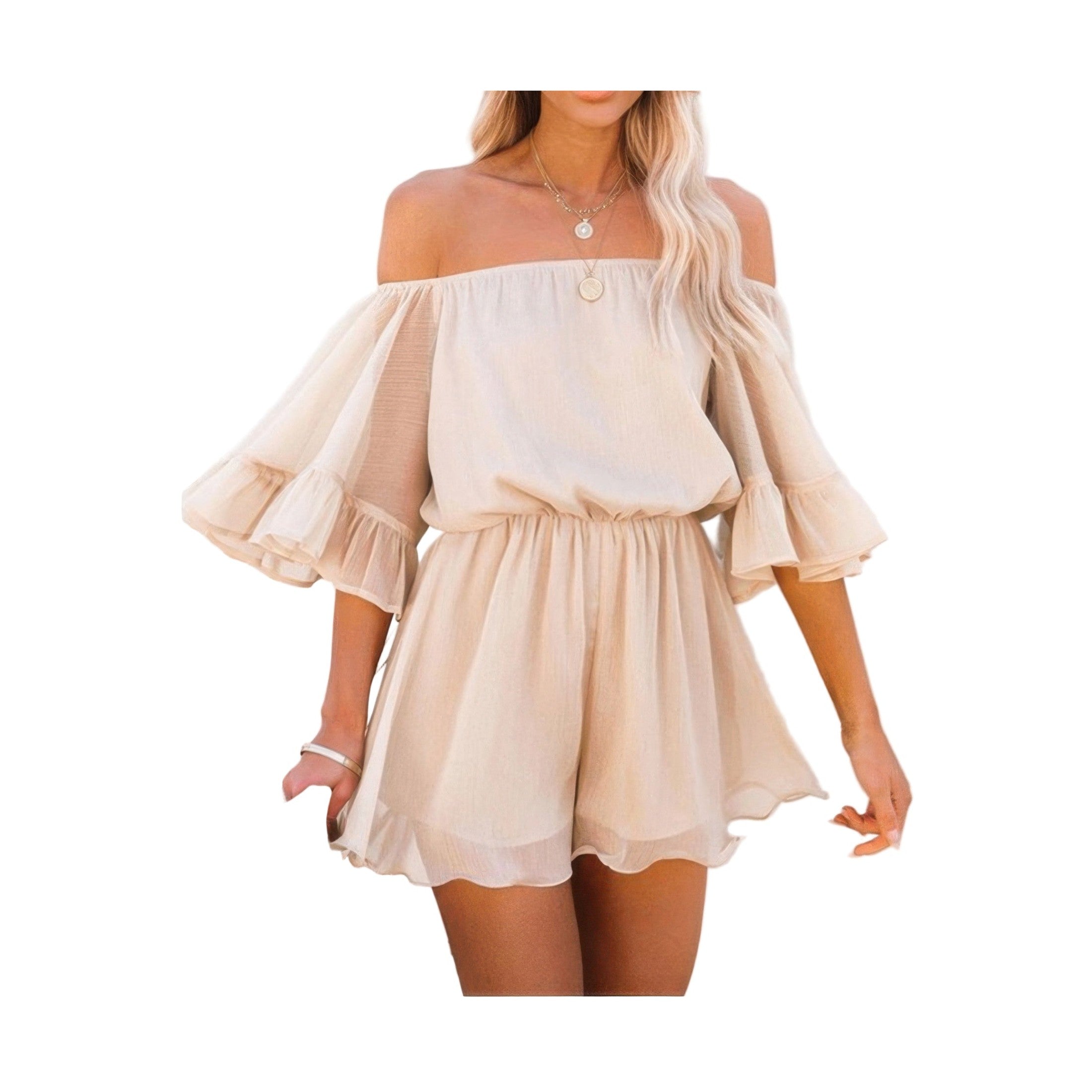 Beautiful flounce bell sleeve summer romper in a soft beige color perfect for beach days