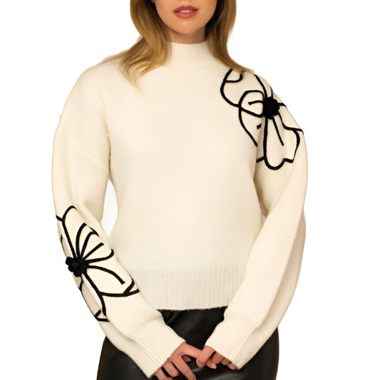 Women's Sweaters Flower Embroidery Mock Neck Sweater
