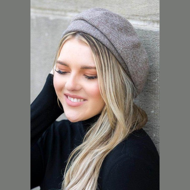 Stylish Aili's Corner fold over beret for travel in brown with a comfortable fit