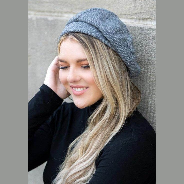 Stylish gray fold over beret for travel with soft fabric, perfect for chic looks on the go