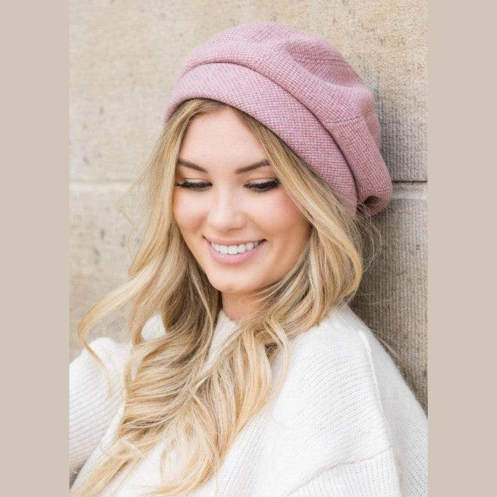 Aili's Corner fold over beret for travel in soft pink, perfect for chic and stylish outings