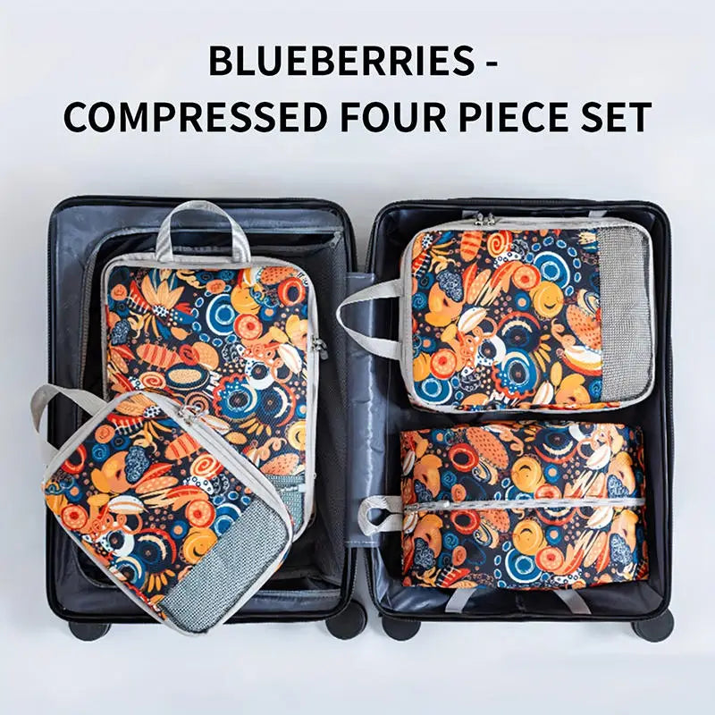 Colorful foldable packing cubes for travel in a suitcase