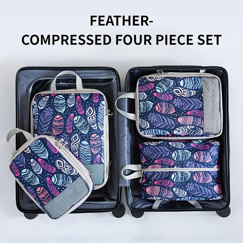Colorful feather-themed foldable packing cubes for travel, set of four