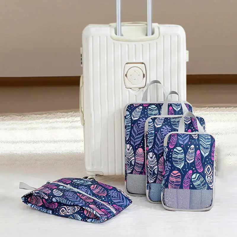 VacationGrabs foldable packing cubes for travel in colorful feather design