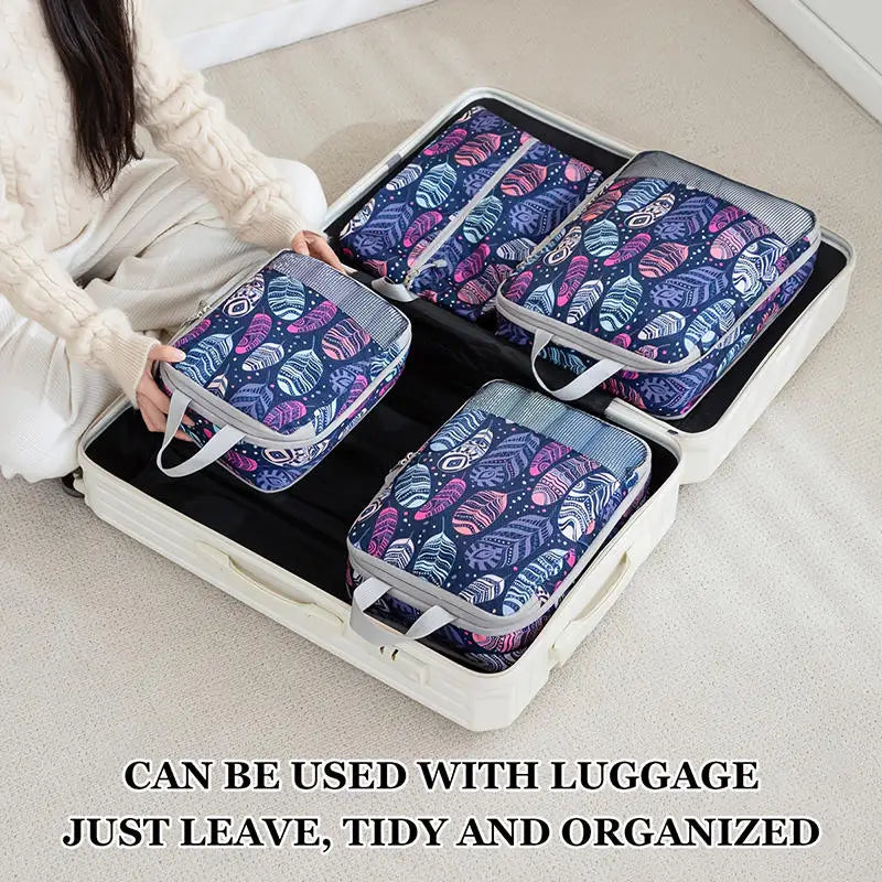 Colorful foldable packing cubes for travel, perfect for organized luggage