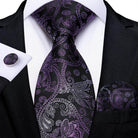 Elegant purple formal neck tie for men with intricate paisley design and matching pocket square
