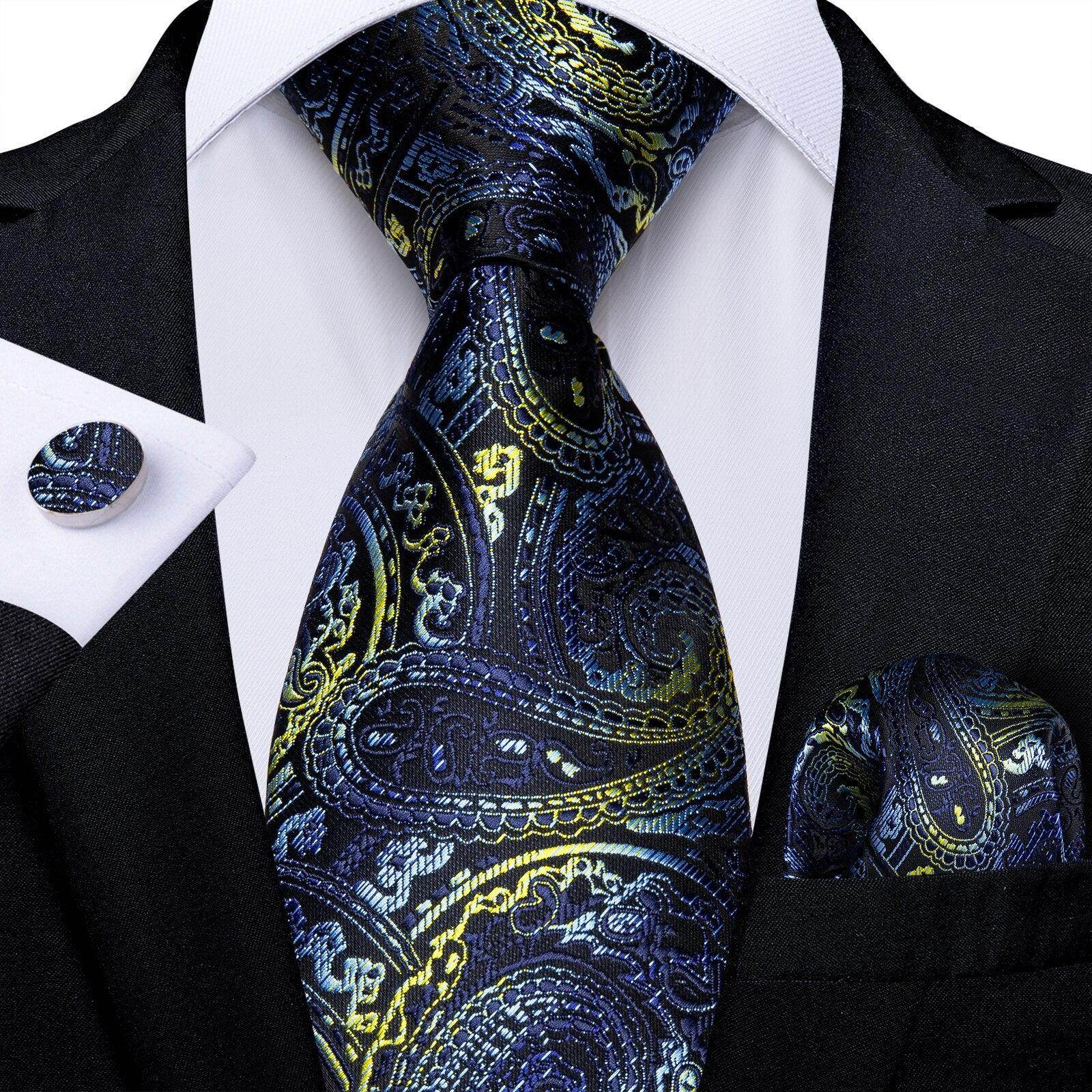 Elegant VacationGrabs formal neck tie for men in a colorful paisley design, paired with matching pocket square and cufflink