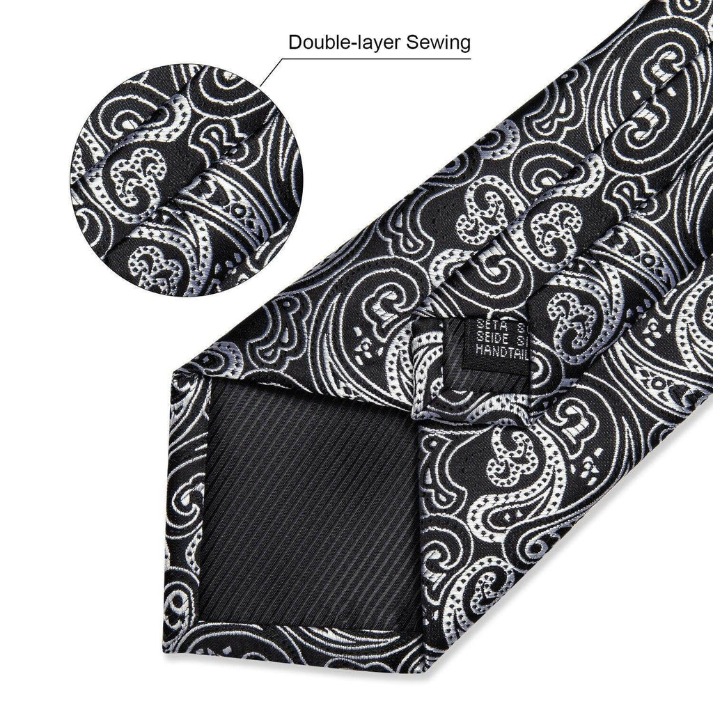 VacationGrabs formal neck tie for men with double-layer sewing and intricate silver pattern