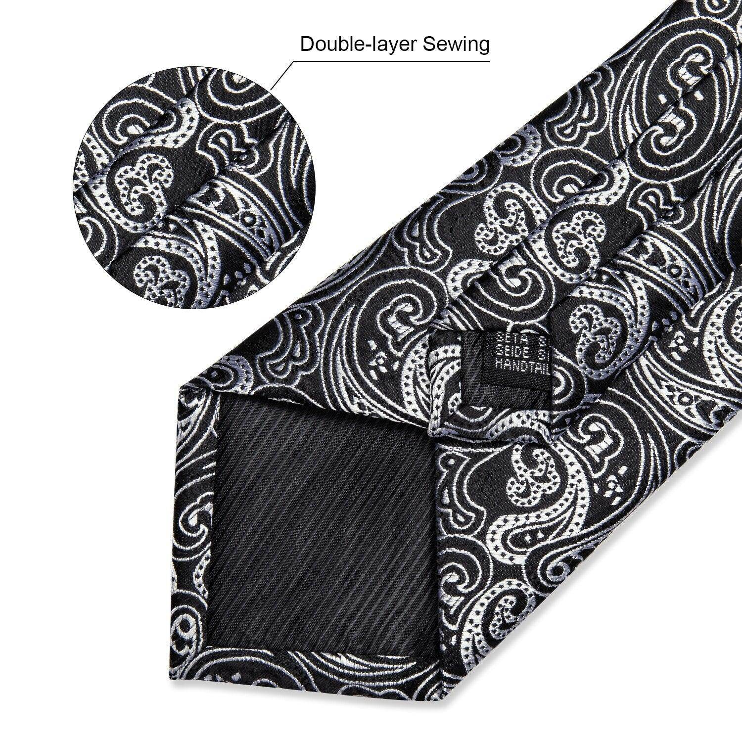 VacationGrabs formal neck tie for men with double-layer sewing and intricate silver pattern