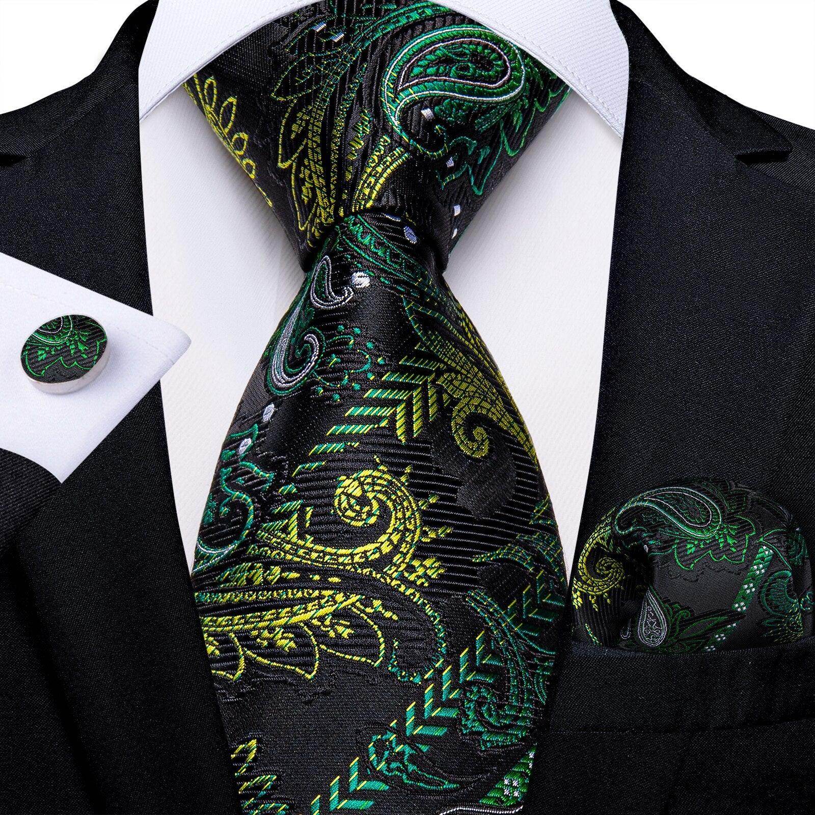 Luxury green and gold paisley formal neck tie for men with matching pocket square and cufflinks
