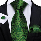 Elegant green paisley formal neck tie for men with matching pocket square and cufflink set