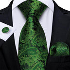 Elegant green paisley formal neck tie for men with matching pocket square and cufflink set
