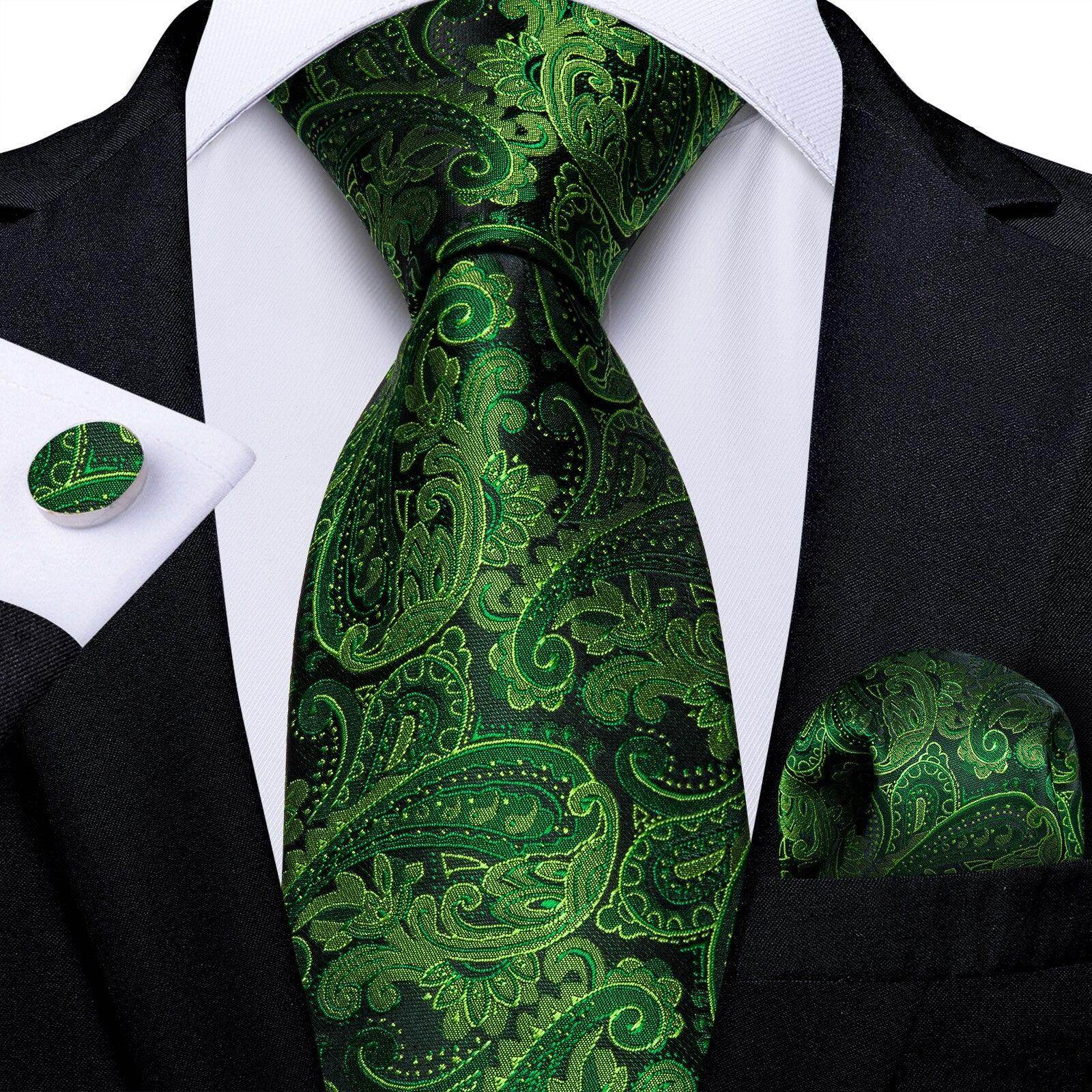 Elegant green paisley formal neck tie for men with matching pocket square and cufflink set