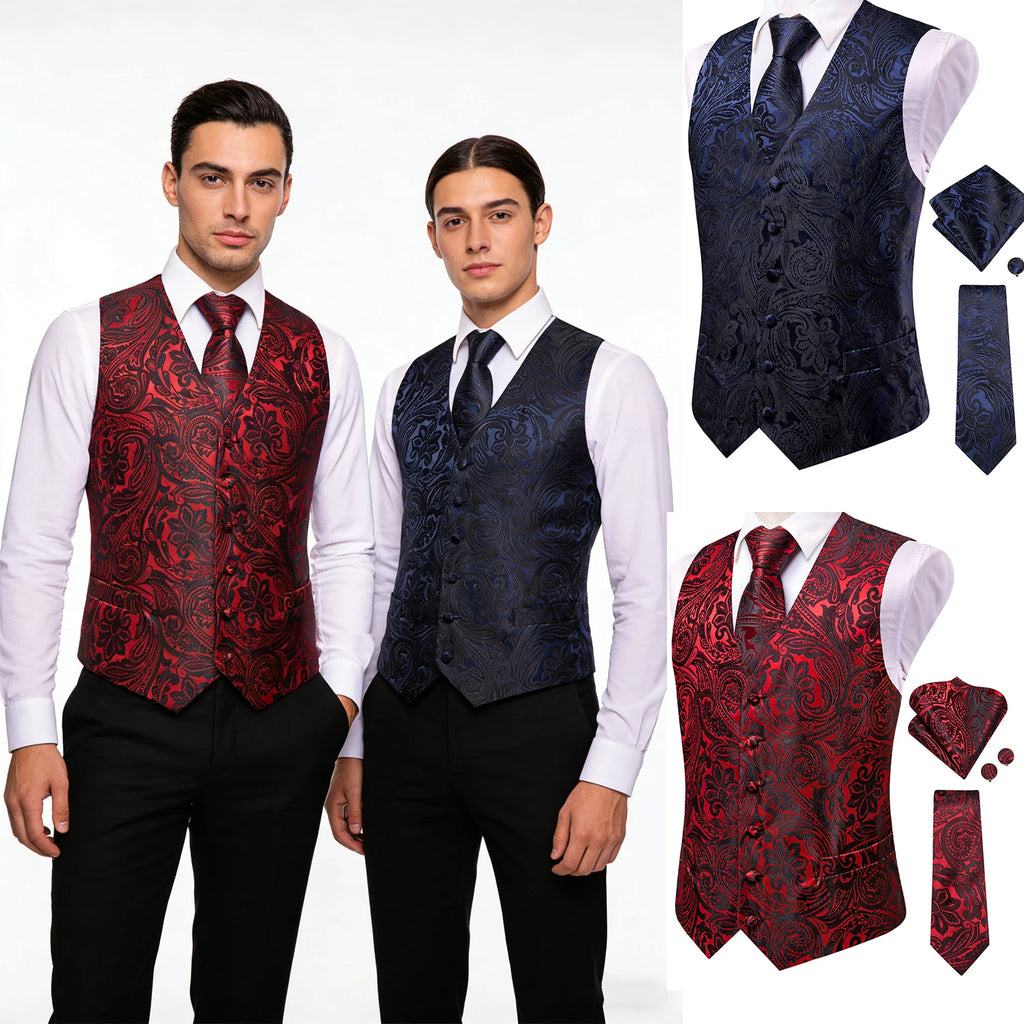 Men's formal wear vests in red and navy floral designs for weddings