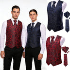 Men's formal wear vests in red and navy floral designs for weddings
