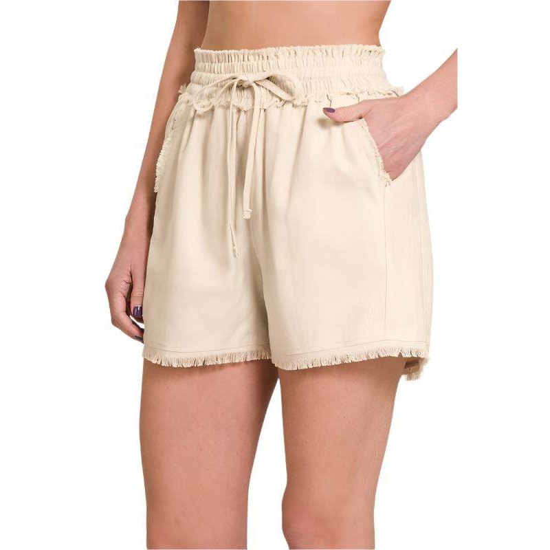 ZENANA Women's Beige Shorts with Elastic Waist and Fringe Hem for Comfortable Casual Wear