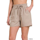 Zenana women's frayed hem summer shorts in light mocha with an elastic waistband and drawstring detail