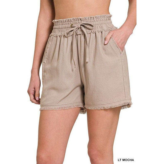 Zenana women's frayed hem summer shorts in light mocha with an elastic waistband and drawstring detail
