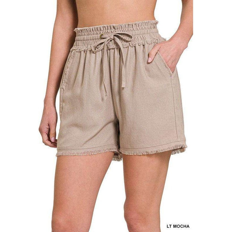 Zenana women's frayed hem summer shorts in light mocha with an elastic waistband and drawstring detail