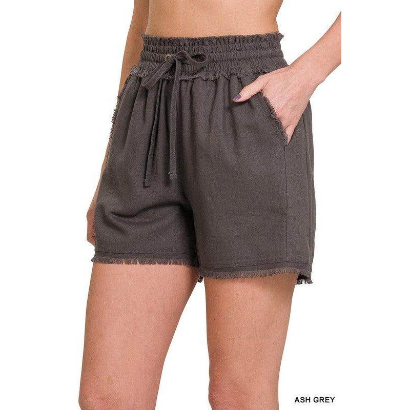 ZENANA Women's Ash Grey Shorts with Drawstring Waist and Fringe Hem for Comfort