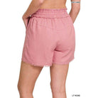 ZENANA women's frayed hem summer shorts in light rose color with a comfortable waistband