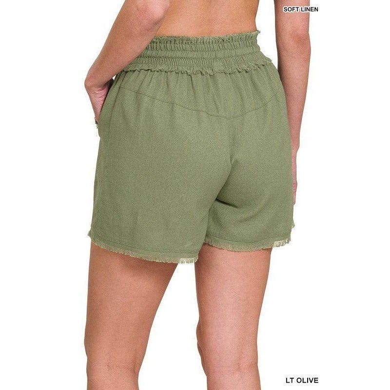 ZENANA Women's Frayed Hem Summer Shorts in Light Olive with Comfortable Elastic Waist and Pockets